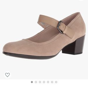 Ecco brand Mary Jane-style dune colored pumps.
